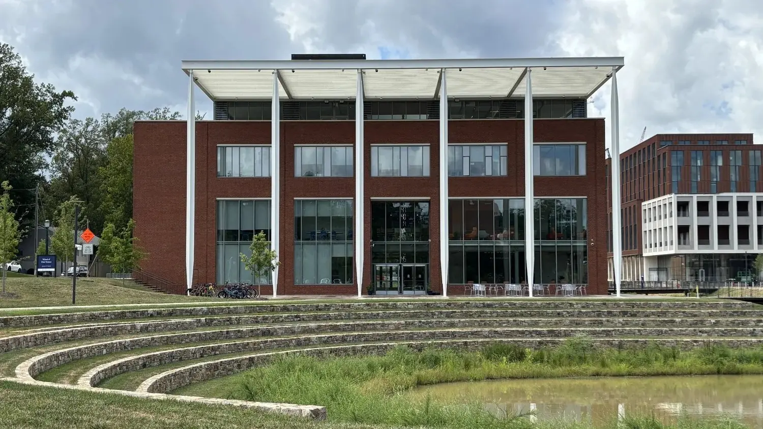 Brick and glass School for Data Science building at the University of Virginia.